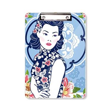 Imagem de Prancheta feminina de flor azul da cultura chinesa, pasta, bloco de notas A4