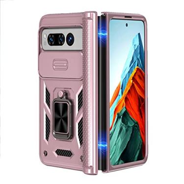 Imagem de KVIBEO Capa para Google Pixel Fold, capa protetora de grau militar resistente com suporte de anel de 360° e capa traseira protetora de dobradiça à prova de choque para câmera deslizante, dourada