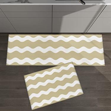 Imagem de Conjunto de 2 tapetes de cozinha listras onduladas marrom claro branco para tapetes acolchoados no chão tapetes e tapetes antiderrapantes absorventes corredor confortável tapete de pé