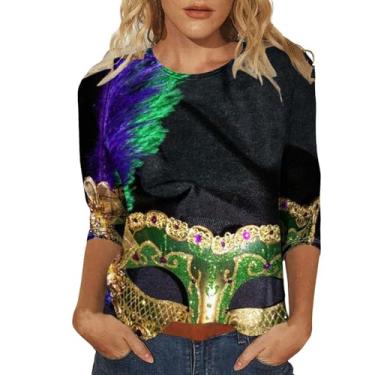 Imagem de UIFLQXX Camisa Mardi feminina 2024 com tema de carnaval, roupa de festa, estampada, manga 3/4, túnica de gola redonda, blusa plus size, Azul-escuro, 4G