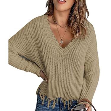 Imagem de Suéter Feminino de Malha Com Gola V e Manga Comprida, Cor Pura Elegante Outono Inverno Fora do Ombro Casual Suéter Pulôver Feminino Com Gola V para Trabalho Casual (S)