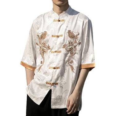 Imagem de Vestido tradicional chinês de verão bordado de dragão camisa masculina roupa de seda gelo manga curta tops vintage, Branco, M