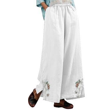 Imagem de Calça de moletom feminina plus size cintura alta verão perna larga linho praia leve calças de trabalho, Branco, GG
