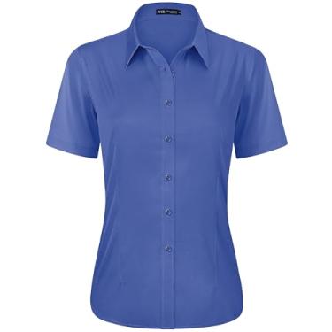 Imagem de J.VER Camisa social feminina casual elástica de manga curta fácil de cuidar, Azul índigo, P