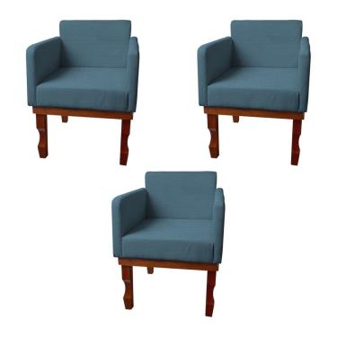Imagem de Kit 3 Poltronas Nina Retrô Pés de Madeira Maciça Linho Azul 
