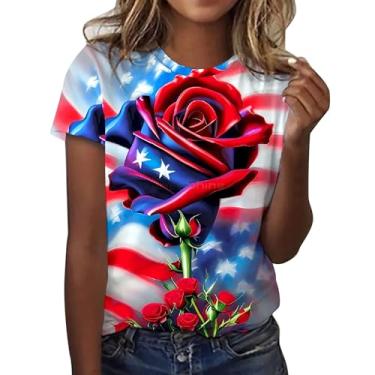 Imagem de Camisetas femininas de 4 de julho casuais de verão 4 de julho com bandeira americana estampa floral túnica manga curta gola redonda, Amarelo, M
