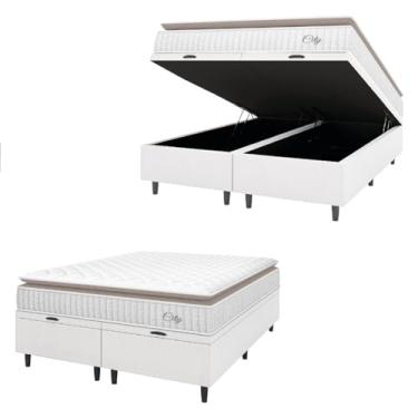 Imagem de Cama Box Colchão Baú Casal Queen Molas Ensacadas City Pillow Top 158x198x64cm Linho Branco/Bege Hellen - Suporta até 110kg por Pessoa