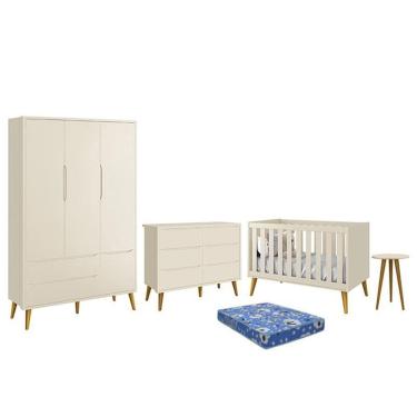 Imagem de Dormitório Theo 3 Portas, Cômoda 6 Gavetas, Berço, Mesa de Canto com Pés Amadeirado e Colchão - Reller Móveis