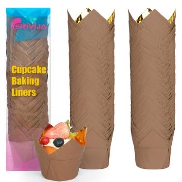 Imagem de SRIVIJA 100 peças de forros de muffin de papel à prova de gordura, forros de cupcake de tulipa, forros de cozimento, copos de bolo premium para festas, casamentos, aniversários (ouro café)
