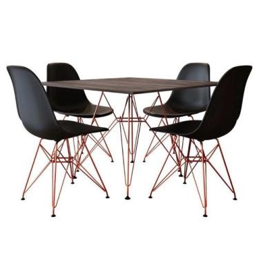 Imagem de Mesa Jantar Quadrada Com 4 Cadeiras Pretas Eames Eiffel Base De Ferro 