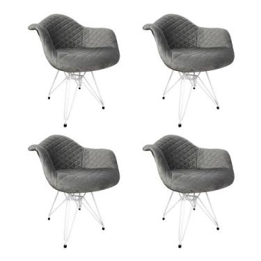 Imagem de Kit 4 Poltronas Jantar Eames Eiffel Estofadas Cinza Base Ferro Branco 