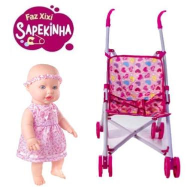 Imagem de Kit Boneca Faz Xixi Sapeka + Mamadeira + Fralda + Carrinho - Milk Brin