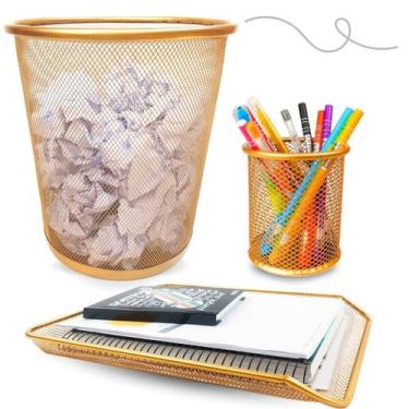Imagem de Kit Escritório Porta Caneta Lixeira Aramada Bandeja Dourado - Markys S