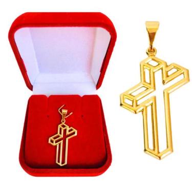 Imagem de Pingente Masculino Cruz Crucifixo 3D  Banhado a Ouro 18k + Caixa Velud
