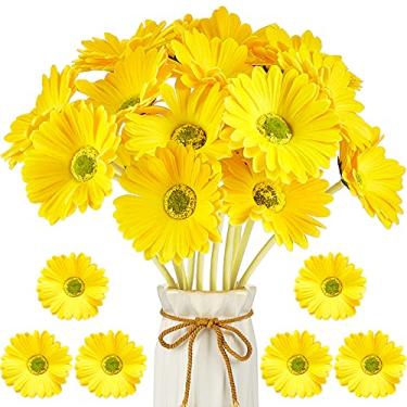 Imagem de WILLBOND Gérbera artificial margarida flores falsas margaridas buquê de flores falsas 38 cm para buquê de noiva casamento festa casa cozinha (amarelo, 18 peças)