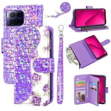 Imagem de Dibosom Capa carteira floral para T-Mobile Revvl 7 Pro 5G com alça de pulso alça de ombro flip zíper bolsa porta-cartões, capa de telefone com glitter para Tmobile T Mobile Revel Tmo Revell Rebel roxo