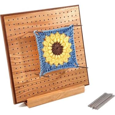 Imagem de HONEYSEW Placa de bloqueio de crochê de 29 cm com 20 pinos/pinos Tapete feito à mão para crochê, tricô de bambu, placas quadradas de bloqueio para projetos de crochê, acessórios de crochê de madeira