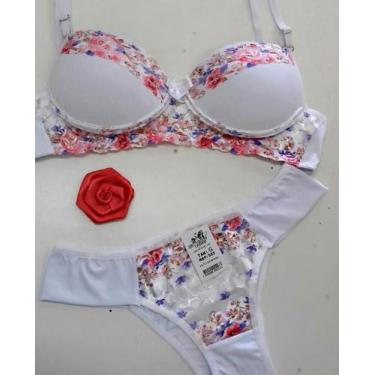 Imagem de Conjunto Lingerie feminino calcinha e sutiã com renda florida - Ismeri