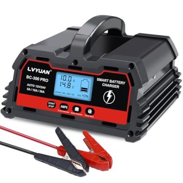 Imagem de LVYUAN Carregador de bateria de carro de 12V/24V com carregador inteligente automotivo, mantenedor de bateria inteligente, 5A/10A/30A para carro, caminhão, motocicleta, LiFePO4, baterias de lítio e