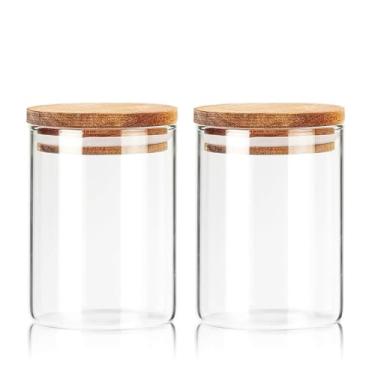 Imagem de Labina Recipiente organizador de banheiro de vidro Qtip com tampa de madeira, pote de 293 ml para bolas de algodão, dispensador de cotonetes e itens essenciais para banheiro (pacote com 2)