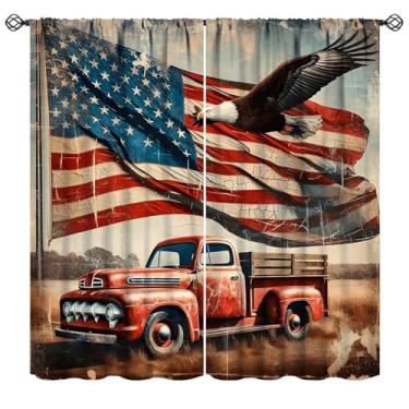 Imagem de Mchenxin Cortinas vintage com bandeira dos EUA, rústica fazenda campestre caminhão vermelho bandeira patriótica americana listras estrelas águia cortinas de janela para cozinha, quarto, sala de estar,