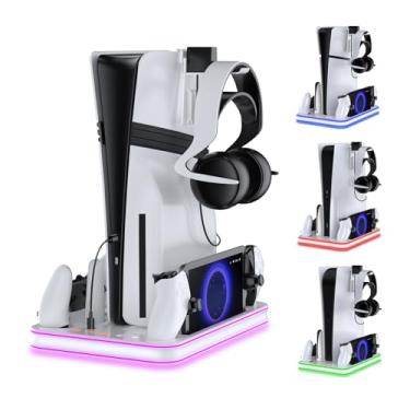 Imagem de Suporte e estação de resfriamento para PS5/PS5 Slim/PS5 Pro com acessórios de base de carregamento para controlador de LED RGB, carregador para controle PlayStation 5 e fone de ouvido e controle