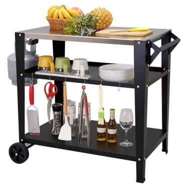 Imagem de LEETOLLA Carrinho de churrasqueira de aço inoxidável com rodas, mesa de preparação de churrasco de 3 camadas resistente para forno de pizza, grelha, pátio – Carrinho de cozinha comercial à prova de