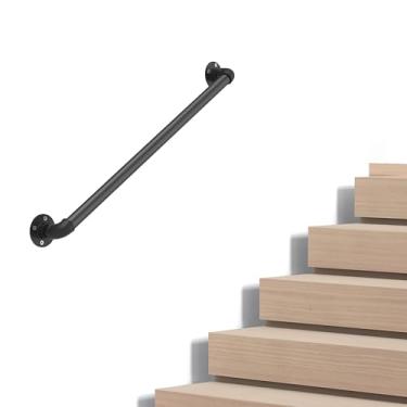 Imagem de Corrimão de escada de tubo industrial, trilho de metal montado na parede para degraus internos e externos, ferro galvanizado preto, estilo fazenda vintage, suporte resistente para escadas e varanda