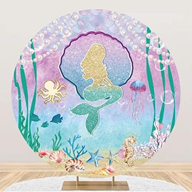 Imagem de Laeacco 2,2 x 2,2 m de fundo redondo sereia pérola cintilante estrela do mar sob o mar, cenário de fundo com tema de sereia, oceano, fotografia de fundo para princesas, aniversário, chá de bebê,