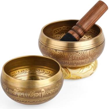 Imagem de Conjunto de 2 tigelas tibetanas – Conjunto de tigelas de som 100% feitas à mão no Nepal para meditação, ioga, chakra, presentes exclusivos para mulheres (amarelo)