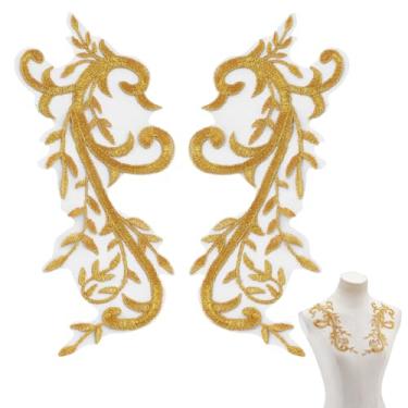 Imagem de NBEADS 2 peças de remendo bordado de flor dourada, aplique de renda dourada, apliques florais dourados, adesivos costurados para decoração de vestido de casamento, reparo, roupas, mochilas, bonés de