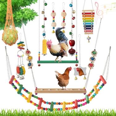 Imagem de Little World 12 peças de brinquedos de galinha para galinheiro – Conjunto completo de brinquedos de galinha, acessórios para galinheiro, escada, espelho, brinquedo de bicar, entretenimento