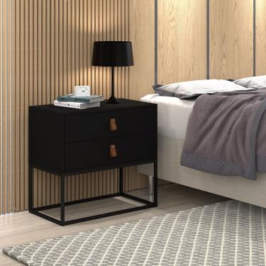 Imagem de Mesa de Cabeceira Preto Unic 60 Estilo Industrial Puxador de Couro Base Ferro Preto
