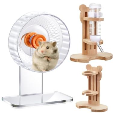 Imagem de Sonwyoung Conjunto de 2 peças de rodas de exercício silenciosas transparentes ajustáveis para hamster e garrafa de água para hamster, porquinho-da-índia com suporte, suporte de dispensador de água