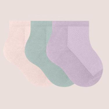 Imagem de Kit 3 Pares De Meias Selene Infantil Cano Curto Algodão, Salmão, Lilás