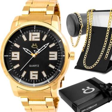 Imagem de Relógio Masculino Aço Inox Dourado + Cordão + Pulseira + - Orizom