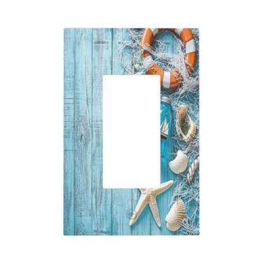 Imagem de OILbiexn Capas decorativas de tomada com placa de madeira azul com rede de pesca de estrela do mar, design de concha salva-vidas, 1 interruptor de luz de balancim, capas de interruptor de luz decora