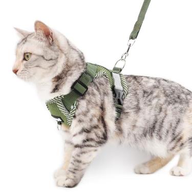 Imagem de pangdi Peitoral e coleira para gatos à prova de escape, colete grande para gatos Ragdoll para caminhadas, viagens, verde escuro, G
