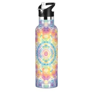 Imagem de Garrafa de água colorida tie dye infantil isolada com tampa de palha, copo térmico à prova de vazamento de aço inoxidável boho mandala floral garrafa de água para esportes viagens, escola, 590 ml