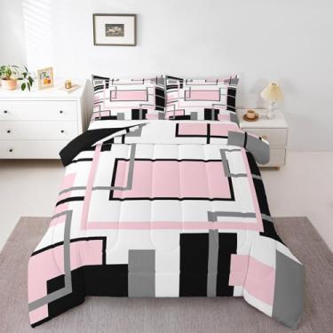 Imagem de Erosebridal Conjunto de edredom queen rosa e preto, moderno, quadrado, geométrico, para crianças, adolescentes e adultos, inserção de edredom abstrata minimalista de meados do século, arte estética