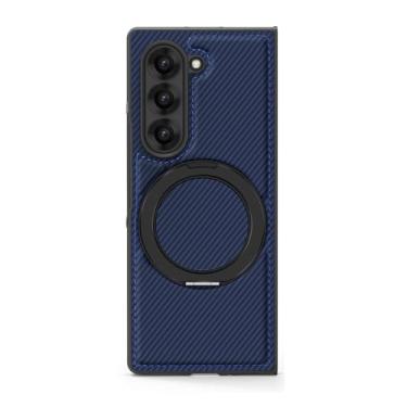 Imagem de HAO RIYLN Capa magnética para Samsung Galaxy Z Fold6, capa de textura de fibra de carbono com suporte giratório dobrável à prova de impressões digitais, azul, Z FOLD6