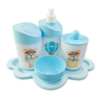 Imagem de Kit Higiene Baby Ursinho Baloeiro Menino c/bandeja em MDF (Nuvem Azul/Azul)