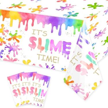 Imagem de Pacote com 3 toalhas de mesa para festa de aniversário Slime Time, 274 x 137 cm, toalhas de mesa coloridas para decoração de festa de aniversário com tema de geleca para crianças, meninas, meninos
