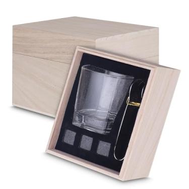 Imagem de Kit para Whisky com Copo de Vidro, Pegador de Gelo, 3 Cubos de Pedra-sabão, Caixa de Madeira