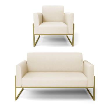 Imagem de Sofá Namoradeira Com Poltrona Base Industrial Alta Dourado Marisa Linho D03 - D\'rossi Cor A19 Bege
