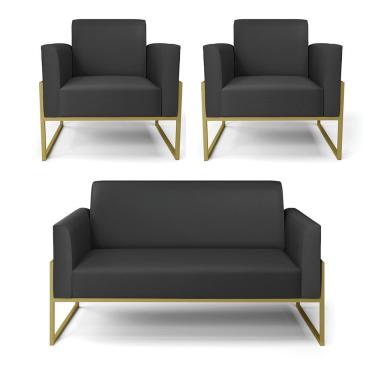 Imagem de Sofá Namoradeira Com 2 Poltronas Base Industrial Alta Dourado Marisa Corino D03 - D\'rossi Cor Preto