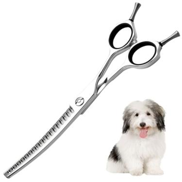 Imagem de 6,5 polegadas profissional curvo cão cuidado tesoura, 65% finar animal de estimação tesoura, lâminas extremamente afiadas, 15 graus de dobra, japonês VG10 aço, chunker ergonômico
