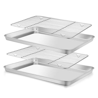 Imagem de E-far Assadeira com grade de arame (2 formas + 2 prateleiras), assadeira de aço inoxidável e rack de resfriamento para assar, não tóxico e resistente, seguro para forno e lava-louças, 40,6 x 30,5 x