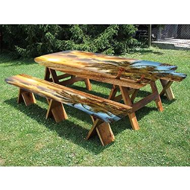 Imagem de Toalha de mesa ajustada para praia, conjunto de 3 peças, praia tropical com horizonte ao pôr do sol e coqueiros, foto de verão, para uso ao ar livre/churrasco/acampamento, 76 x 182 cm, azul creme