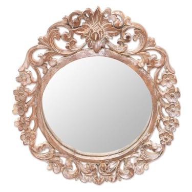 Imagem de NOVICA Espelho de parede redondo floral de madeira suar natural esculpido à mão da Indonésia, marrom "Gianyar Garden"